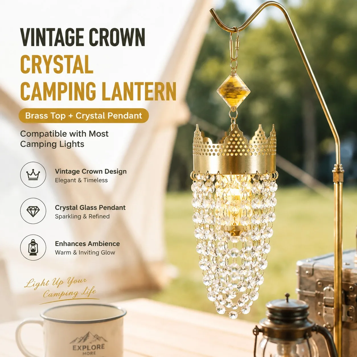 Outdoor Lighting Brass - Vintage Crown Crystal Camping Lampshade, Brass